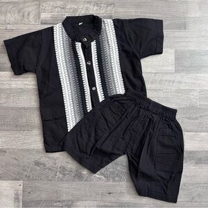 Boys Black Mexican Guayabera Short Sleeve Button Up Shirt & Shorts